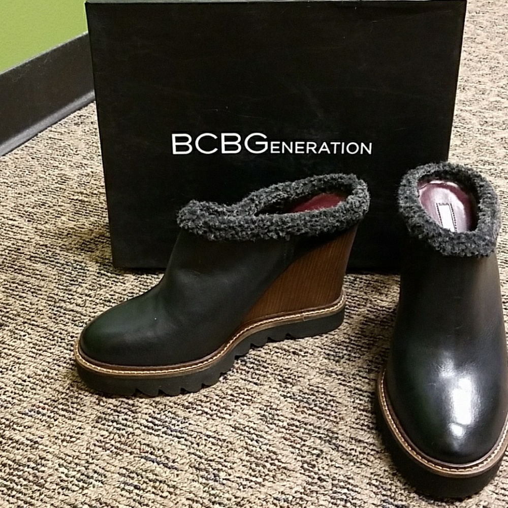BCBGeneration, vegan leather sherpa, wedge boots.